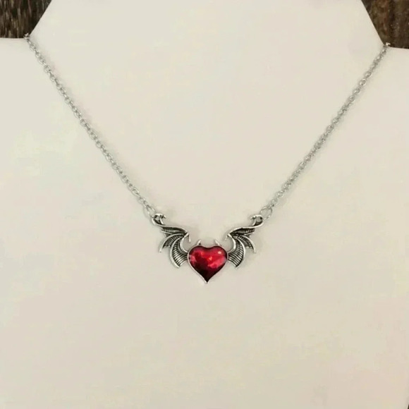 Red Enamel Silver Heart Wings Goth Vampire Devil Necklace NWT - Picture 2 of 3